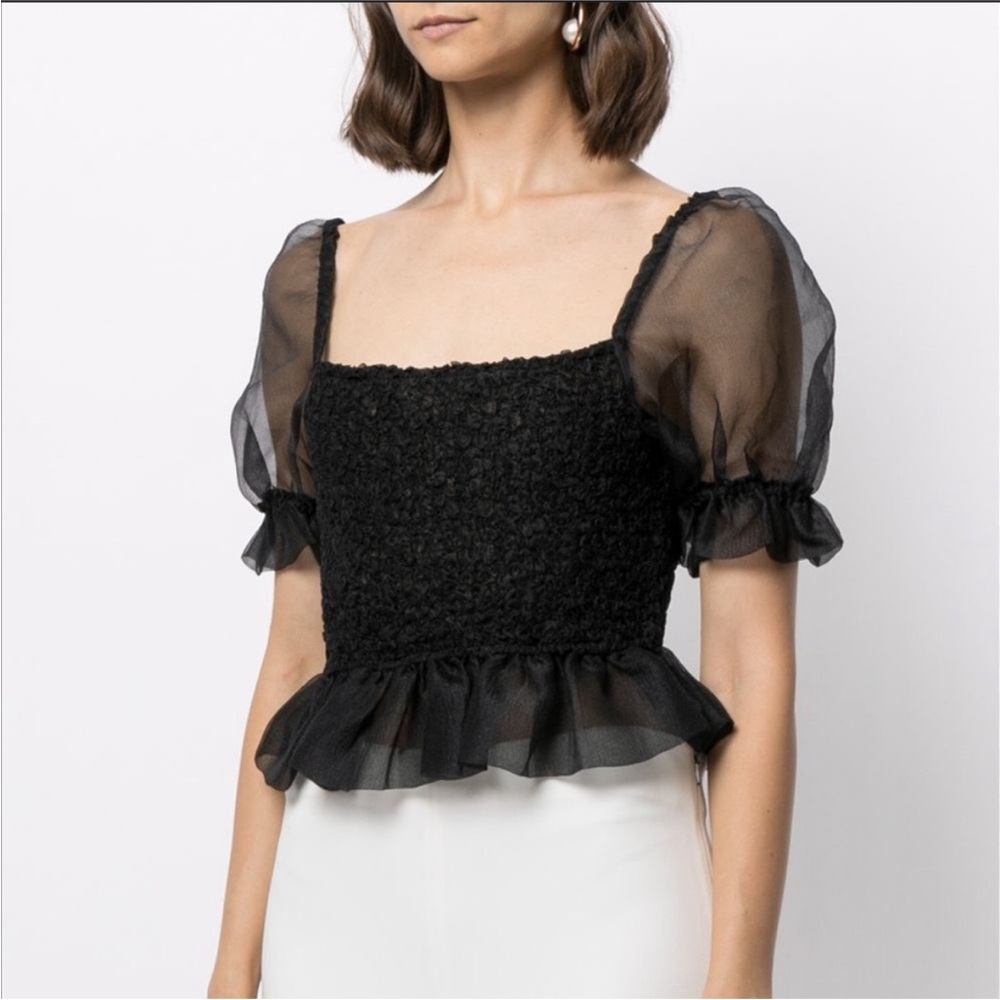 Staud Cannon Organza Smocked Puff Sleeve Top in Black